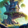 illustration of a small house in the branches of a tree Royalty Free Stock Photo