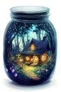 Illustration of a small house in a glass jar with a magic forest inside Royalty Free Stock Photo
