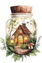 Illustration of a small house in a glass jar with a magic forest inside Royalty Free Stock Photo