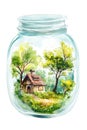 Illustration of a small house in a glass jar with a magic forest inside Royalty Free Stock Photo