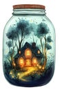 Illustration of a small house in a glass jar with a magic forest inside Royalty Free Stock Photo