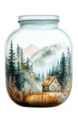Illustration of a small house in a glass jar with a magic forest inside Royalty Free Stock Photo
