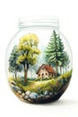 Illustration of a small house in a glass jar with a magic forest inside Royalty Free Stock Photo