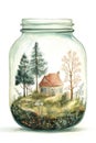 Illustration of a small house in a glass jar with a magic forest inside Royalty Free Stock Photo