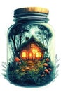 Illustration of a small house in a glass jar with a magic forest inside Royalty Free Stock Photo