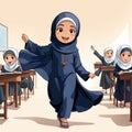 illustration of a small Indonesian student wearing a full body hijab, enthusiastic about learning