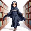 illustration of a small Indonesian student wearing a full body hijab, enthusiastic about learning