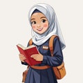 illustration of a small Indonesian student wearing a full body hijab, enthusiastic about learning