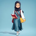 illustration of a small Indonesian student wearing a full body hijab, enthusiastic about learning