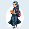 illustration of a small Indonesian student wearing a full body hijab, enthusiastic about learning