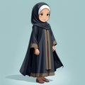 illustration of a small Indonesian student wearing a full body hijab, enthusiastic about learning