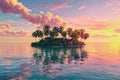 illustration of a small island with lots of palm trees in beautiful pink sunset sky with turquoise ocean around Royalty Free Stock Photo