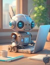 Illustration of Artificial Intelligence small cute robot, training skills working on chores on a laptop computer