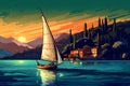 illustration of small sailboat on Italian lake