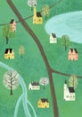 Illustration with small town, map. Minimalistic Scandinavian style.