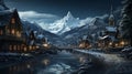 Illustration of small valley town in winter season. Generative AI. Royalty Free Stock Photo