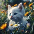 Illustration of a small white cat with blue eyes lying in the grass with flowers. Flowering flowers, a symbol of spring, new life Royalty Free Stock Photo