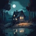 Illustration of a small wooden house in the forest at night