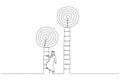 Illustration of smart arab businessman about to climb up ladder to achieve short term goal. Metaphor for focus on short term goal