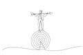 Illustration of smart businessman balance and control rotating archery target with arrow hitting bullseye. Metaphor for result