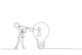 Illustration of smart businessman holding big key about to insert into key hold on lightbulb idea lamp. Metaphor for business idea