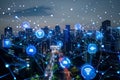 Illustration of smart city with holograms communication, network concept