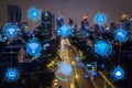 Illustration of smart city with holograms communication, network concept