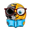 The smart emoticon with the glasses change to the dark skull holding the book