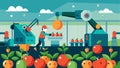 An illustration of a smart greenhouse with automated harvesting technology where robots equipped with IoT sensors pick