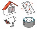 Illustration of smart home devices including security camera smart speaker and phone interface icon Royalty Free Stock Photo