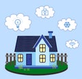 Illustration of smart home technology with automatic systems and icons on blue background