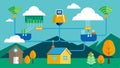 An illustration of a smart irrigation network connecting multiple farms and their weather integration systems to share