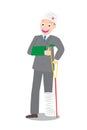 Illustration of smile injured businessman in bandages with crutches cartoon