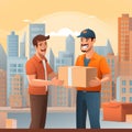 Illustration of a smiling delivery man delivering a package to the customer. Generated by AI