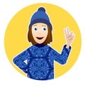 Illustration with smiling girl in sweater, hat and victory hand with speechbubble