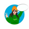 Illustration with smiling girl in sweater, hat and victory hand with speechbubble