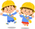 Illustration of a smiling kindergarten boy and girl jumping