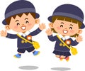 Illustration of a smiling kindergarten boy and girl jumping