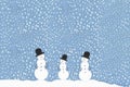 illustration smiling snowmen against snowy sky.