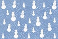 illustration smiling snowmen against snowy sky, seamless pattern.