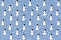 illustration smiling snowmen against snowy sky, seamless pattern.