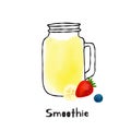 Illustration smoothie glass and pieces of fruit, banana and strawberry Royalty Free Stock Photo