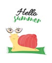 Illustration of a snail with glasses on the mat and the inscription hello summer. Print snail with glasses on the rug