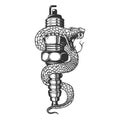 Illustration of snake on car spark plug. Design element for poster, card, banner, sign. Royalty Free Stock Photo