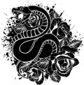 black silhouette of snake with roses and leaves Royalty Free Stock Photo