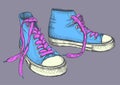Illustration of sneaker in blue jeans color, graphic shoes sketch