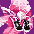 Illustration of sneakers on the background with pink fern