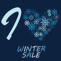 Illustration with snow flake and message I love winter sale