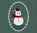 Illustration of snowman in red Santa hat and scarf in patterned frame