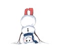 Illustration of a snowman with a scarf, standing upside down on a white background